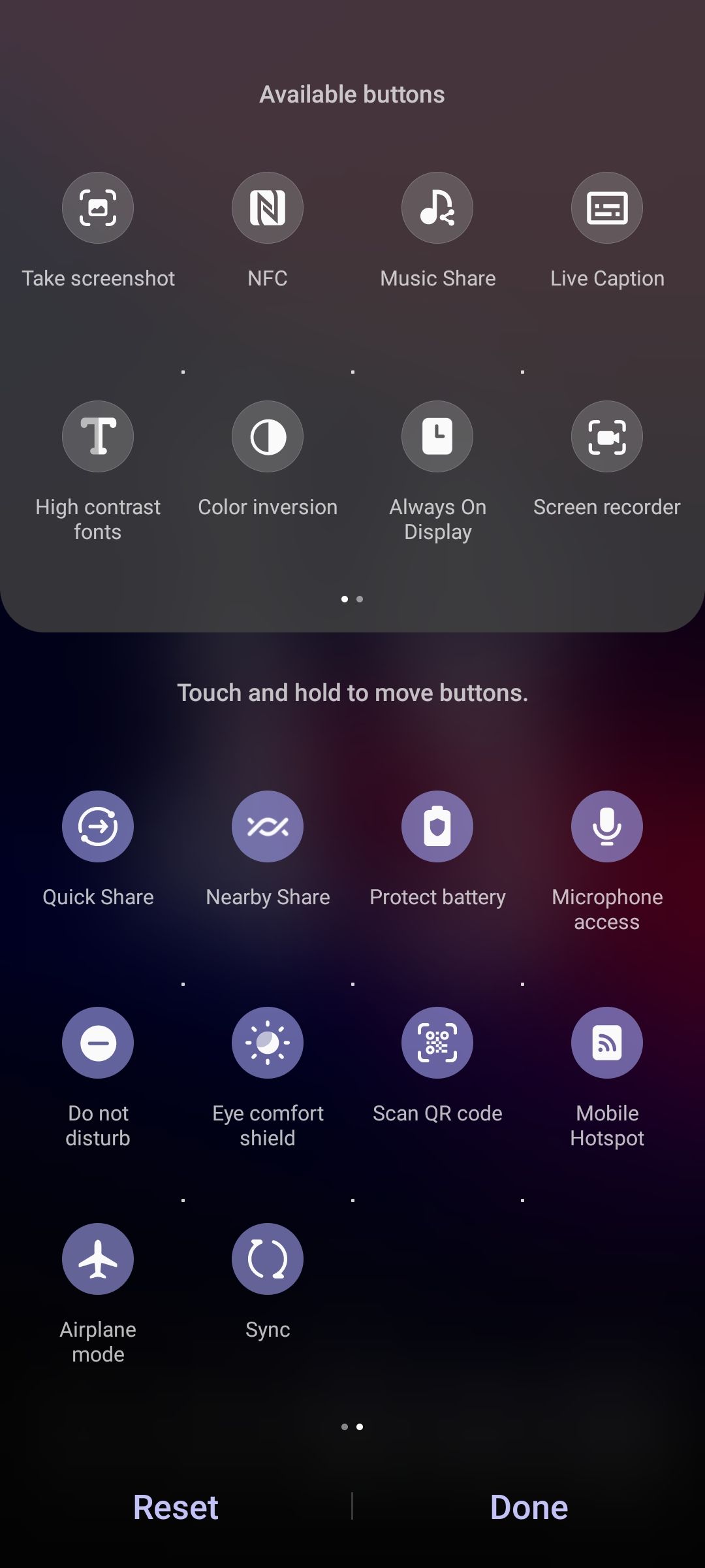 Samsung One UI 5.1 Quick Settings panel Available buttons menu