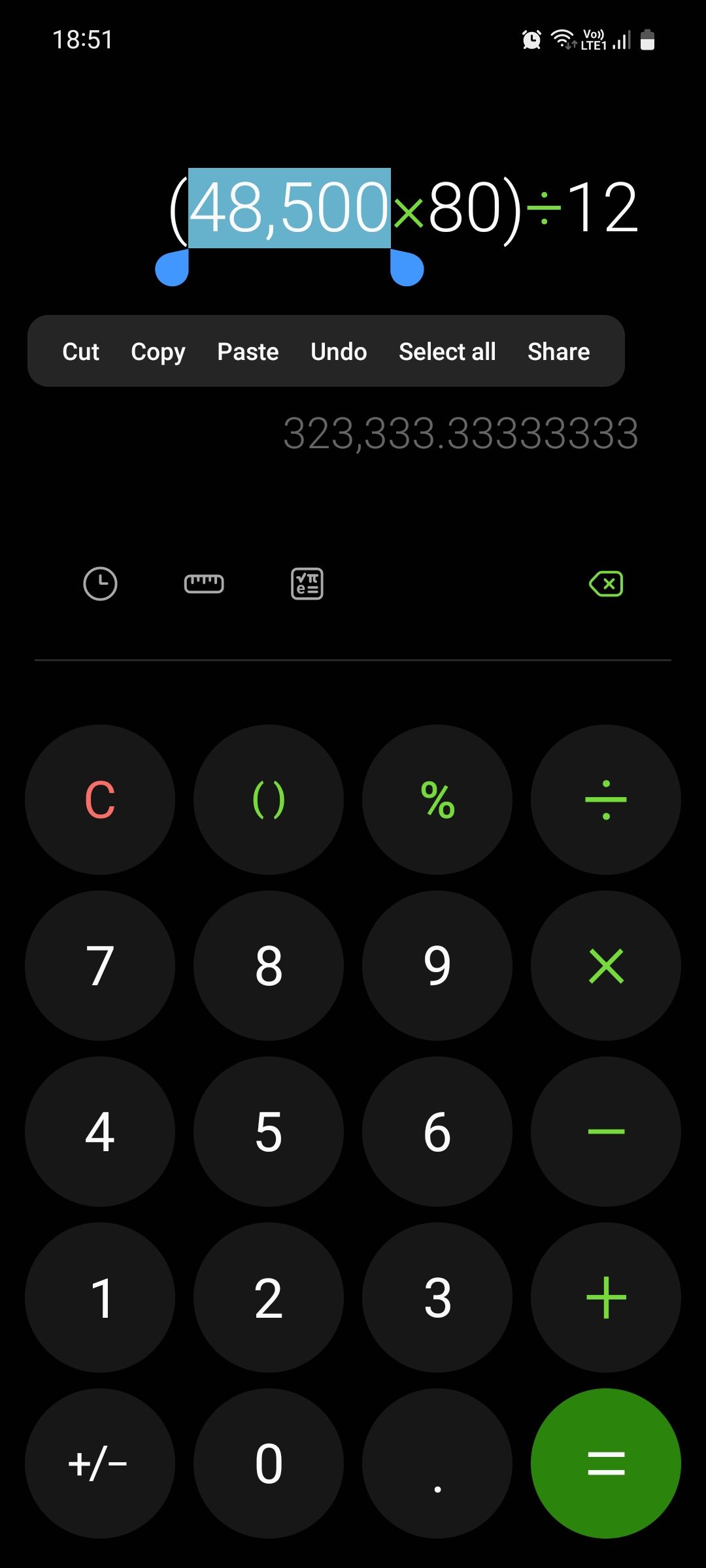 Samsung One UI Calculator copy a number
