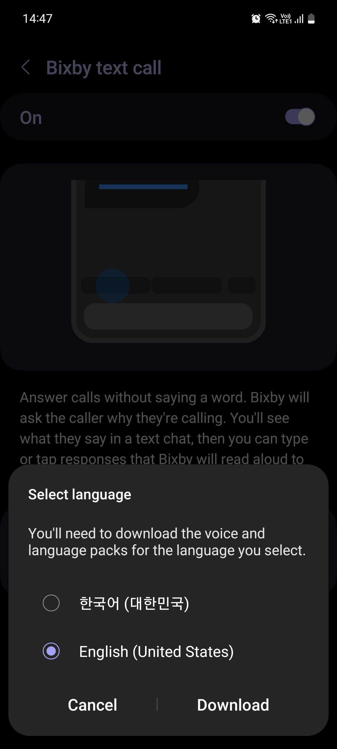 Samsung Phone app select language for Bixby Text Call
