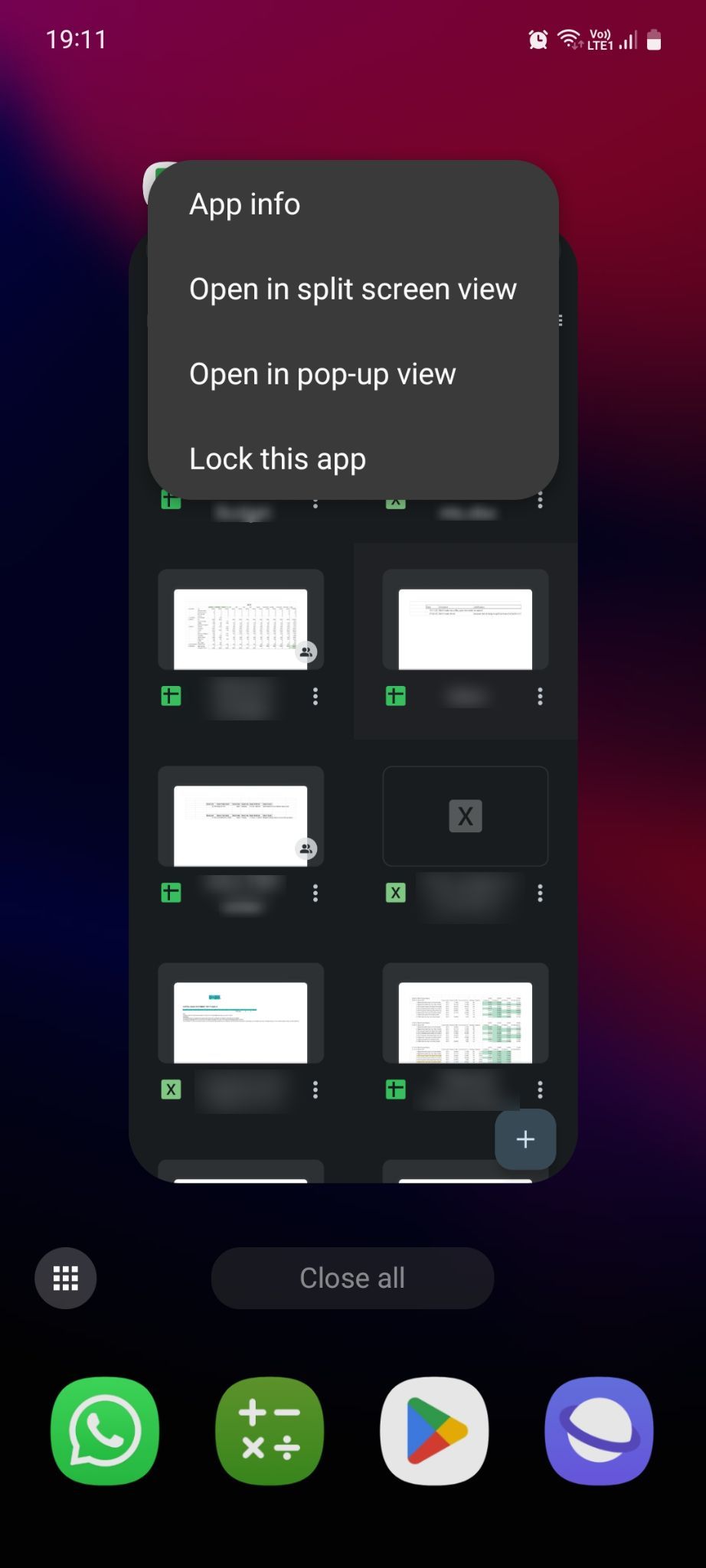 Samsung Recent apps screen options