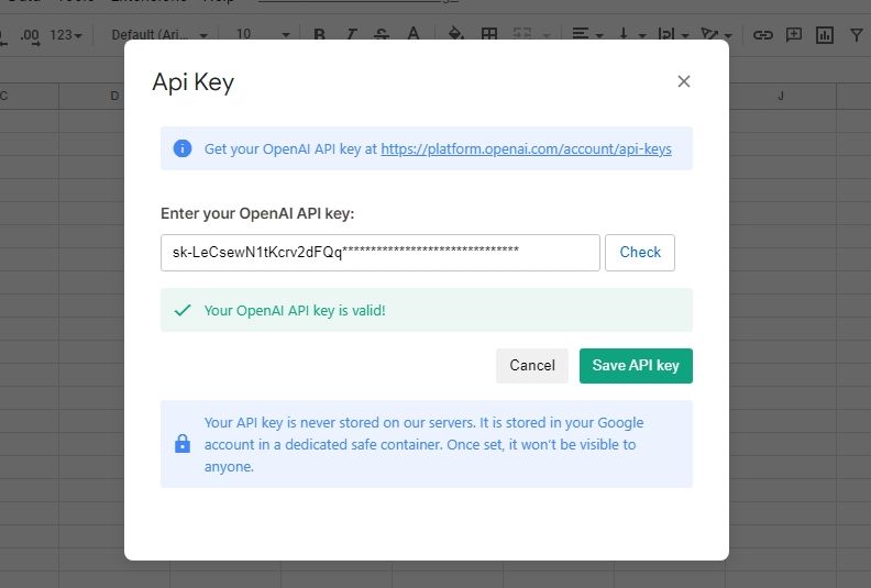 menyimpan kunci API ke ekstensi GPT untuk Spreadsheet dan Dokumen
