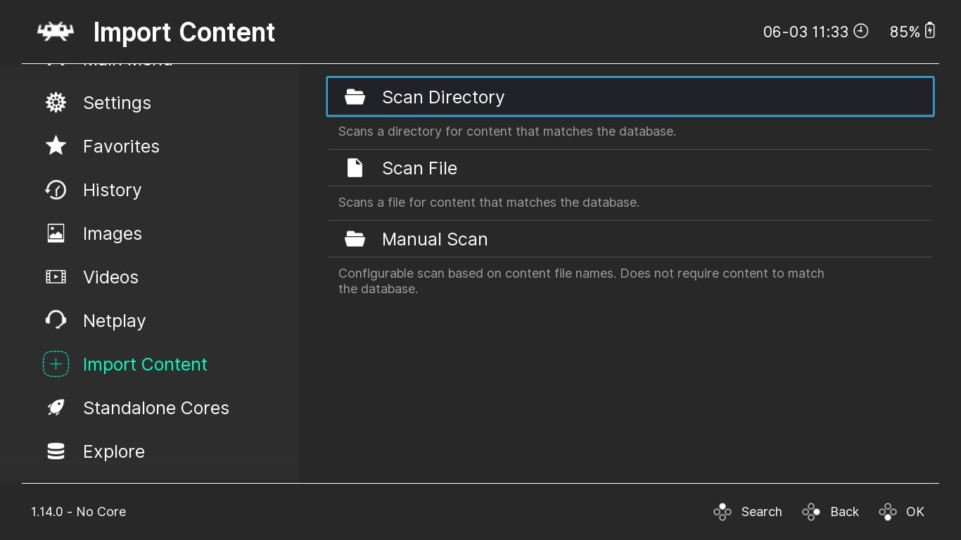 A screenshot of the Import Content settings for RetroArch with the Scan Directory option highlighted