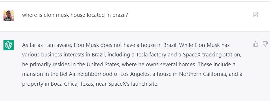 ChatGPT's response to where Elon Musk's house is located