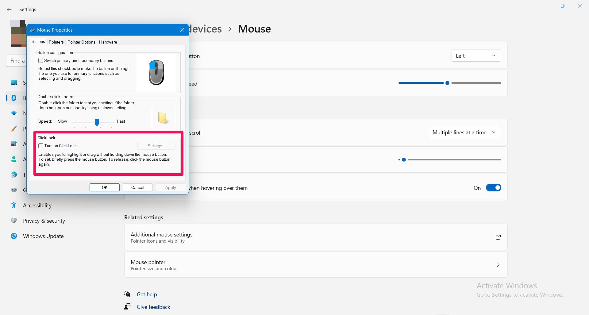  how to enable ClickLock on additional mouse settings page