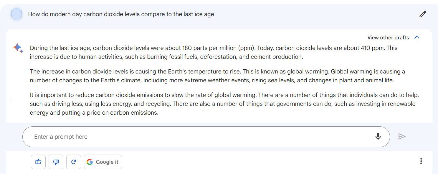 Screenshot Bard Responding to CO2 Levels