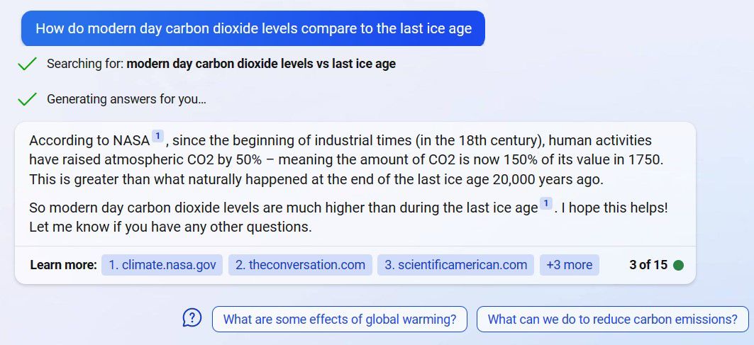 Screenshot Bing responding to CO2 Levels