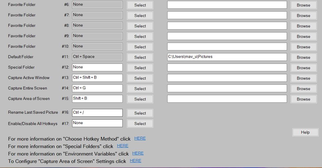 Paramètres du raccourci clavier de capture d'écran dans SavePictureAs