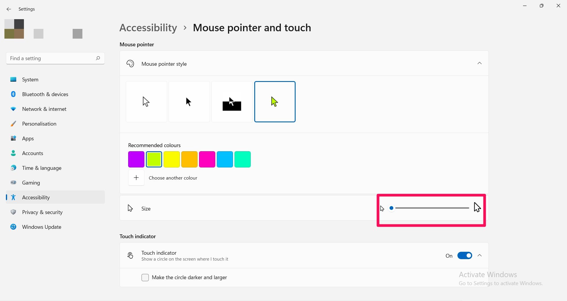 Screenshot showing size slider on mouse pointer settings page 