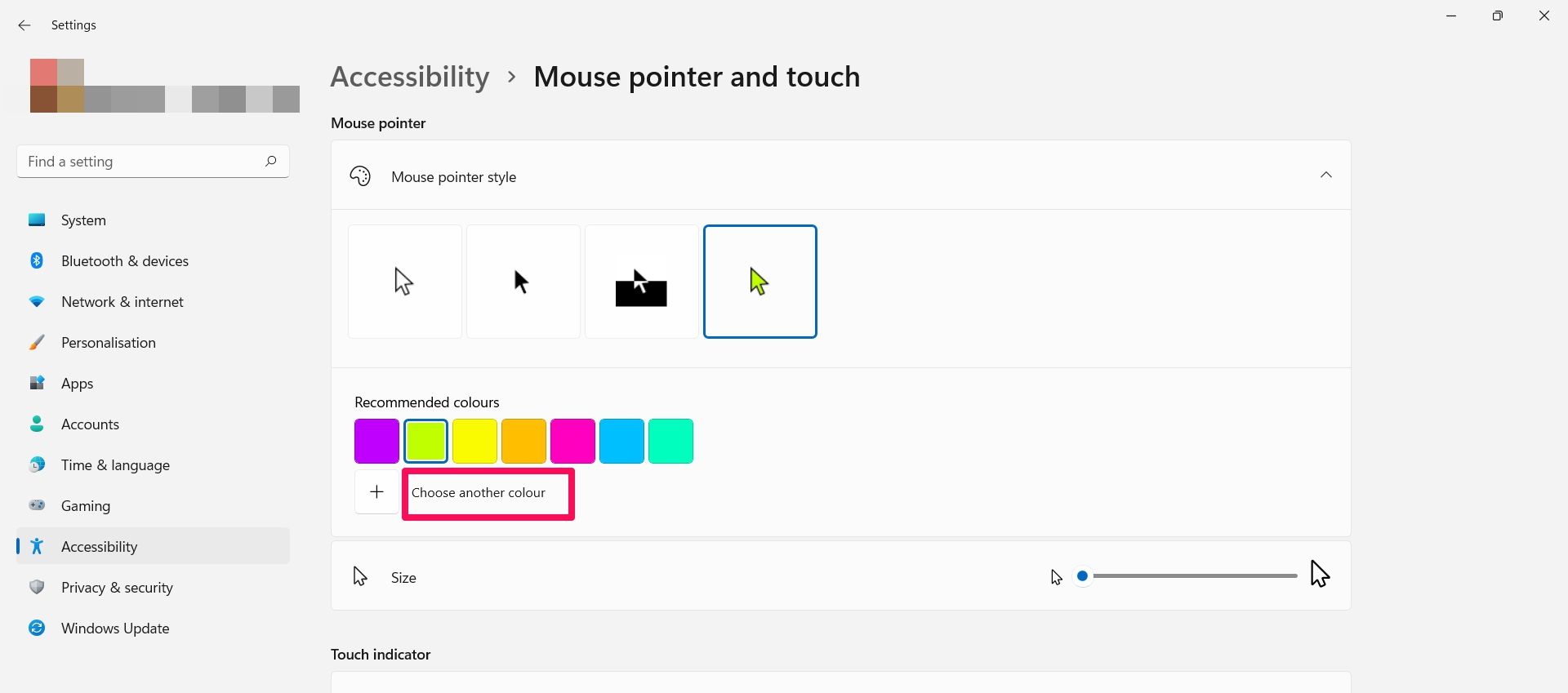 Screenshot of mouse pointer settings page windows 11