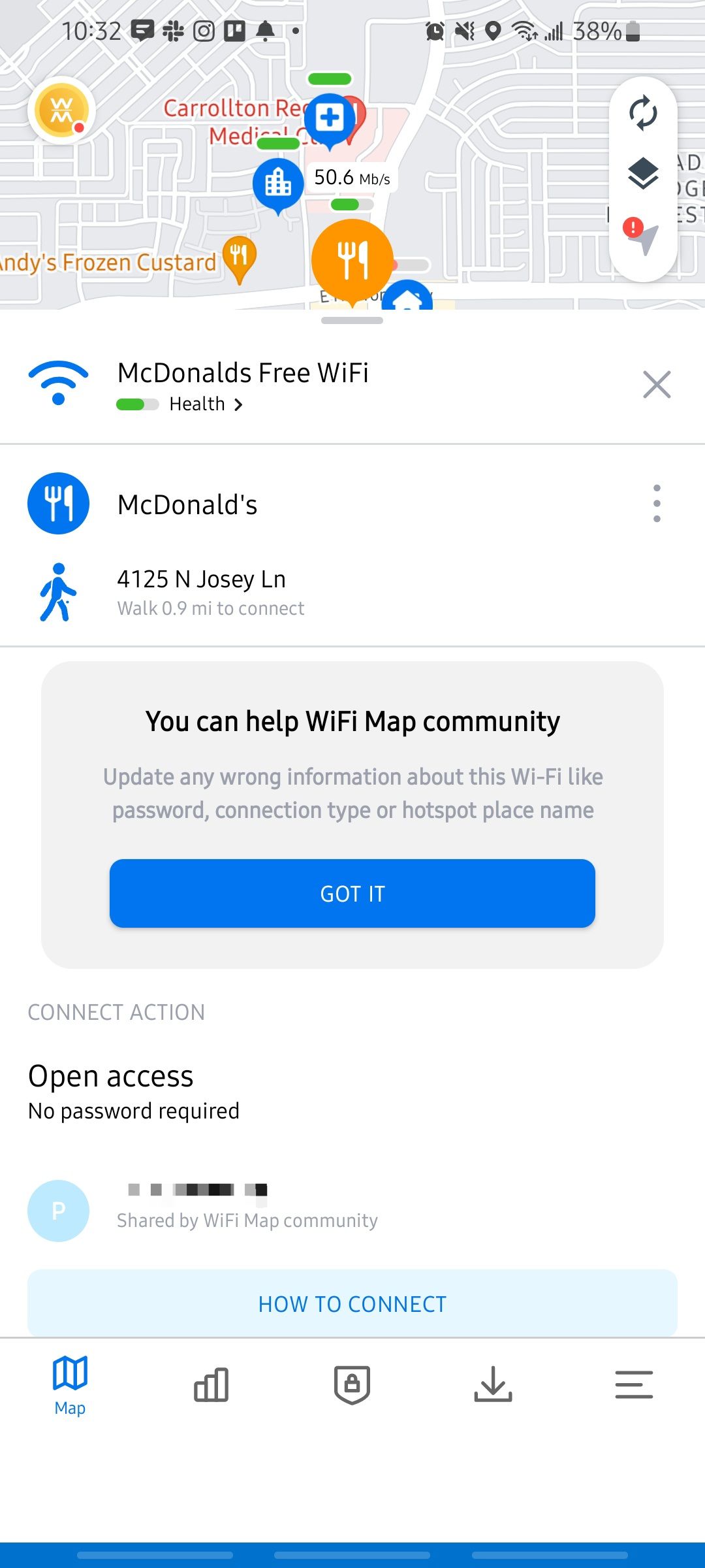 Screenshot of a McDonald's free Wifi location in the WiFi Map app