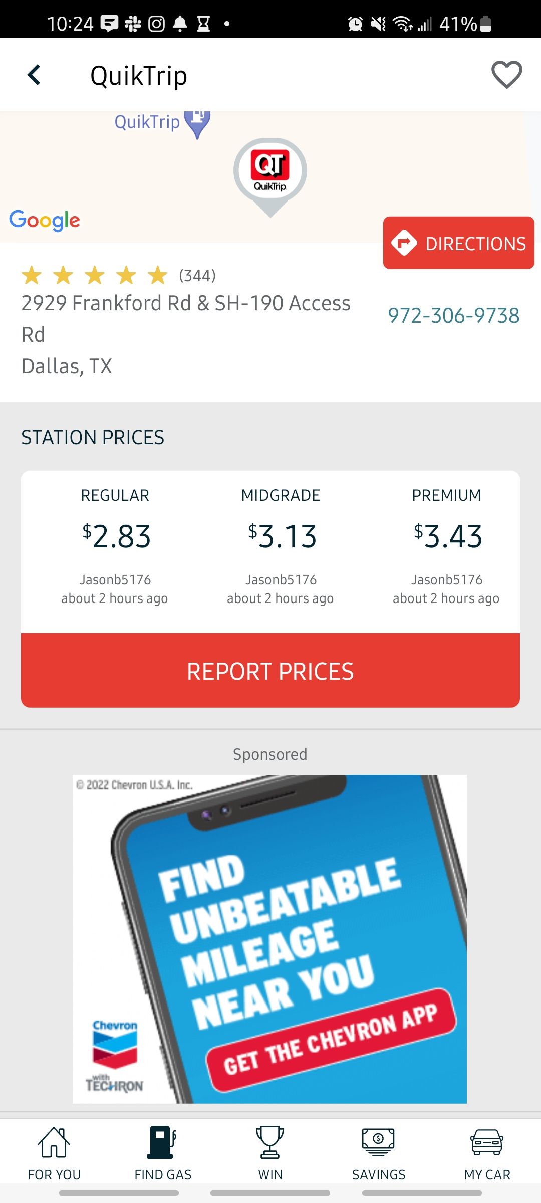 Screenshot of a selected QuikTrip station in the GasBuddy app