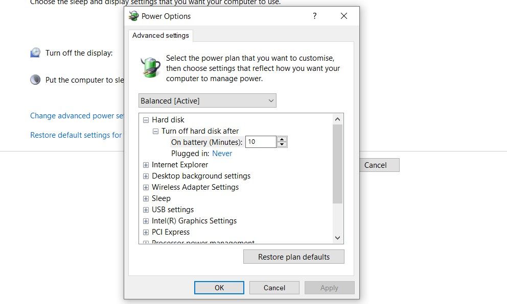 Screenshot of advanced power settings