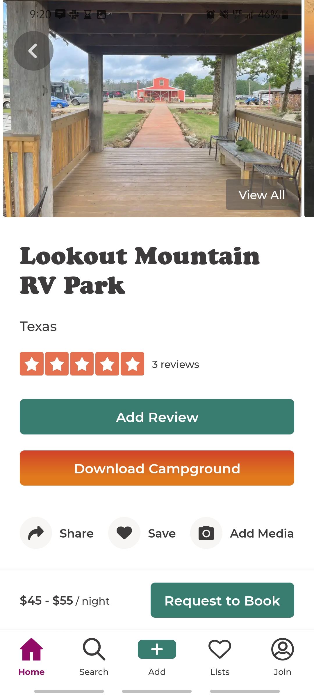 Screenshot of an RV park listing in The Dyrt app