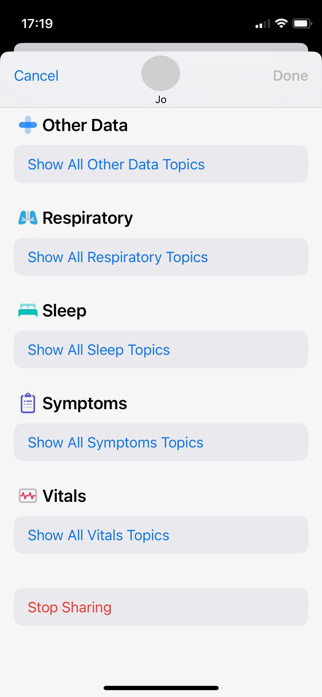 Screenshot of Apple Health Sharing data categories management screen