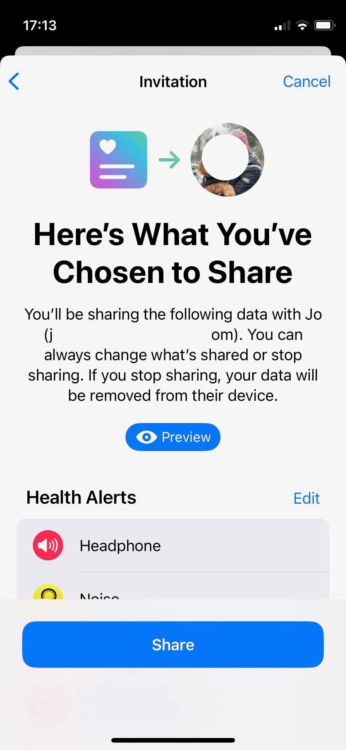 Screenshot of Apple Health Sharing data management screen