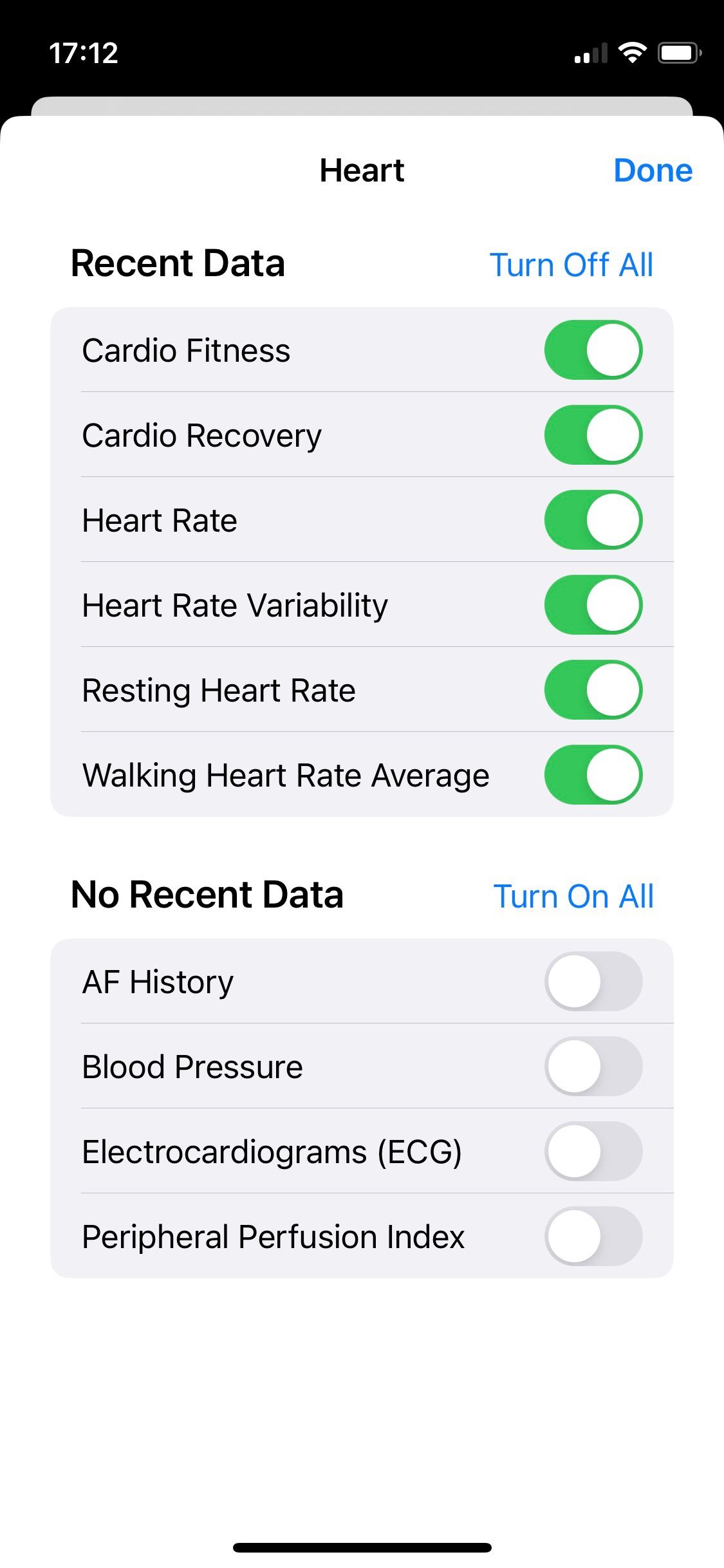 Screenshot of Apple Health Sharing data toggled on and off
