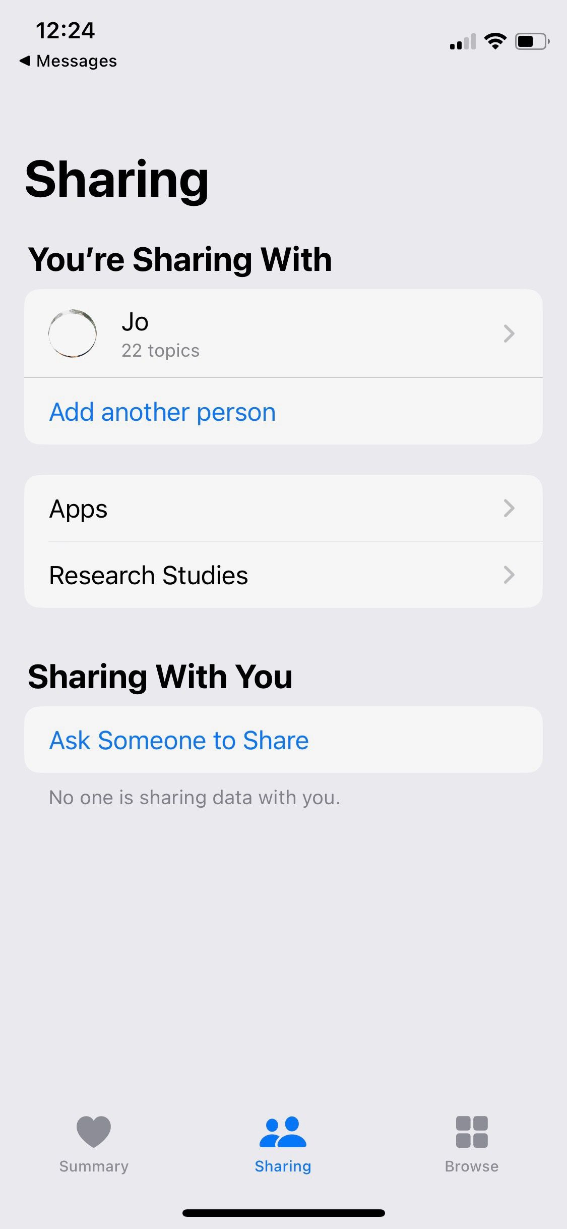 Screenshot of Apple Health Sharing menu