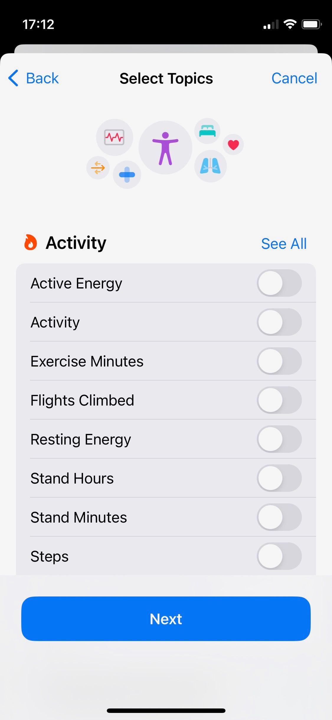 Screenshot of Apple Health Sharing Select topics screen