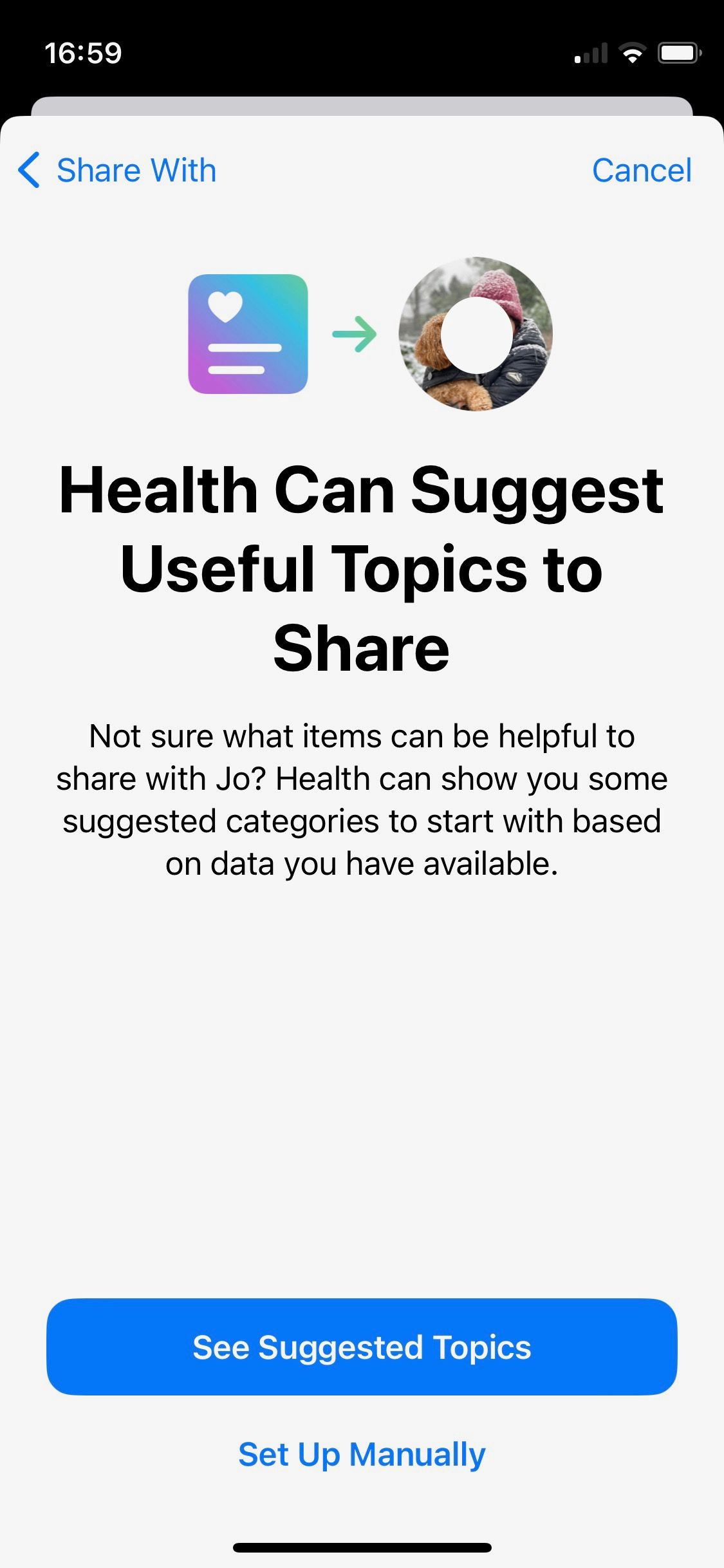 Screenshot of Apple Health Sharing Suggested topics screen
