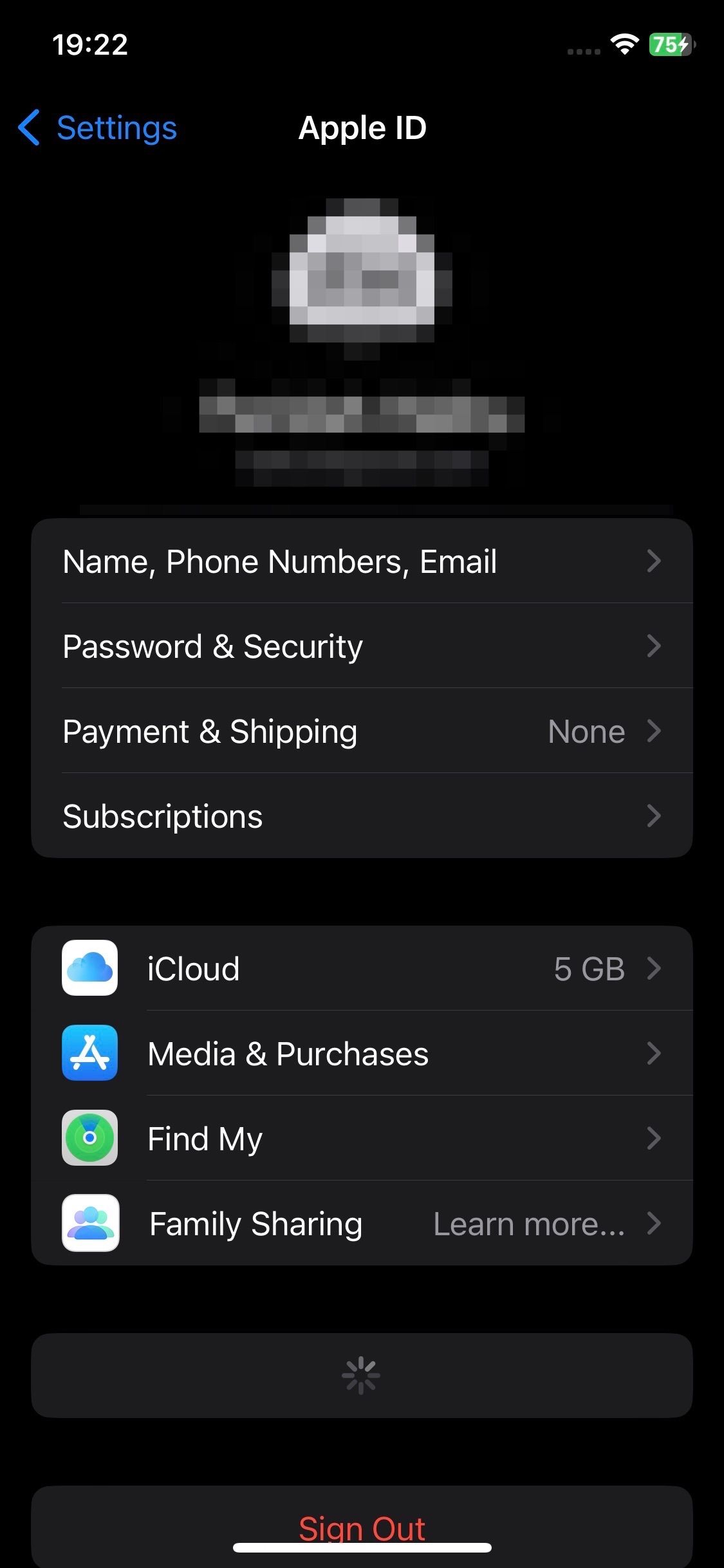Screenshot of Apple ID in Settings on an iPhone