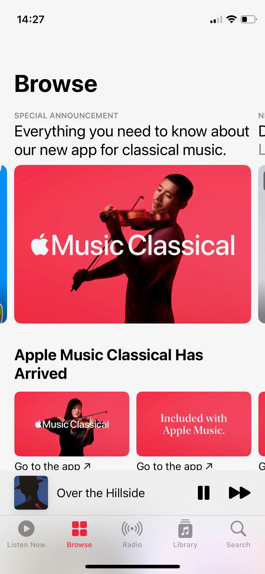Screenshot of Apple Music app introducing Apple Music Classical