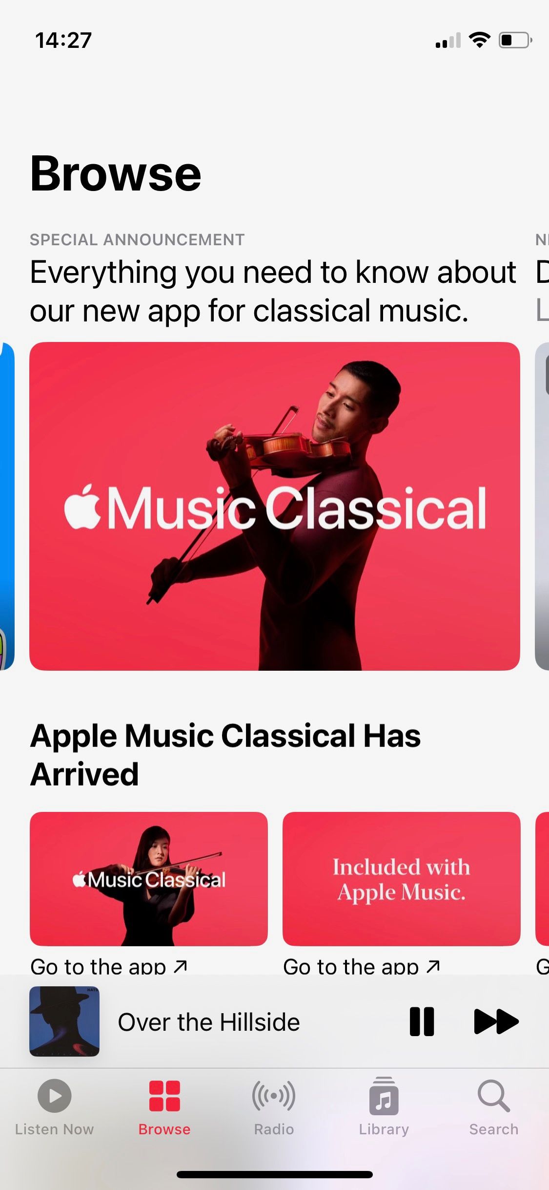 Screenshot of Apple Music app introducing Apple Music Classical