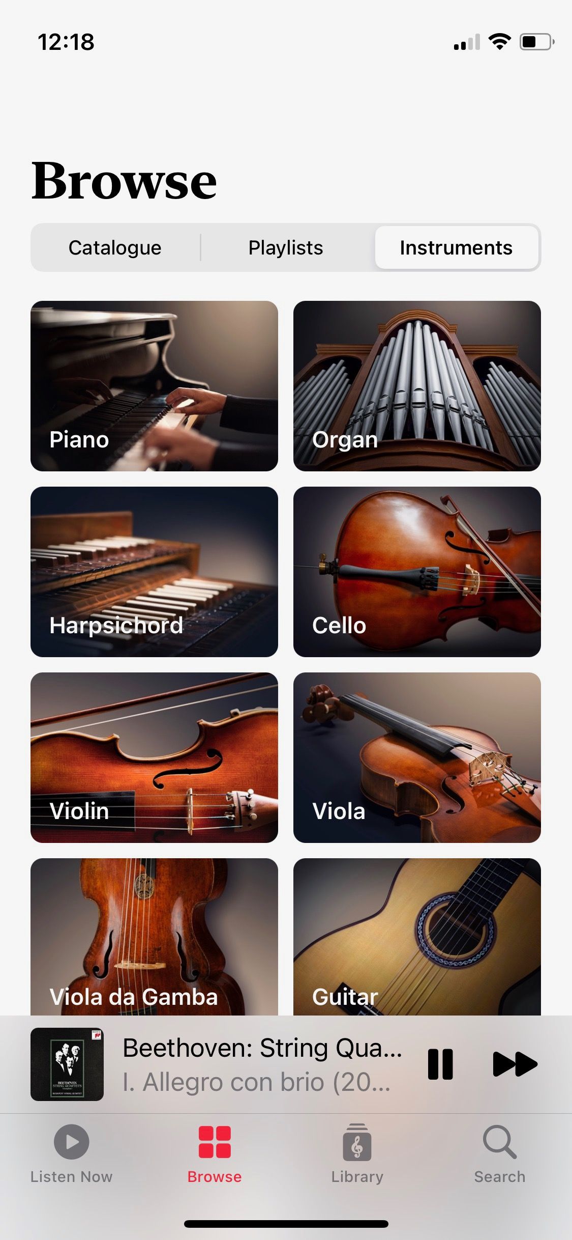 Screenshot of Apple Music Classical browse by instrument screen