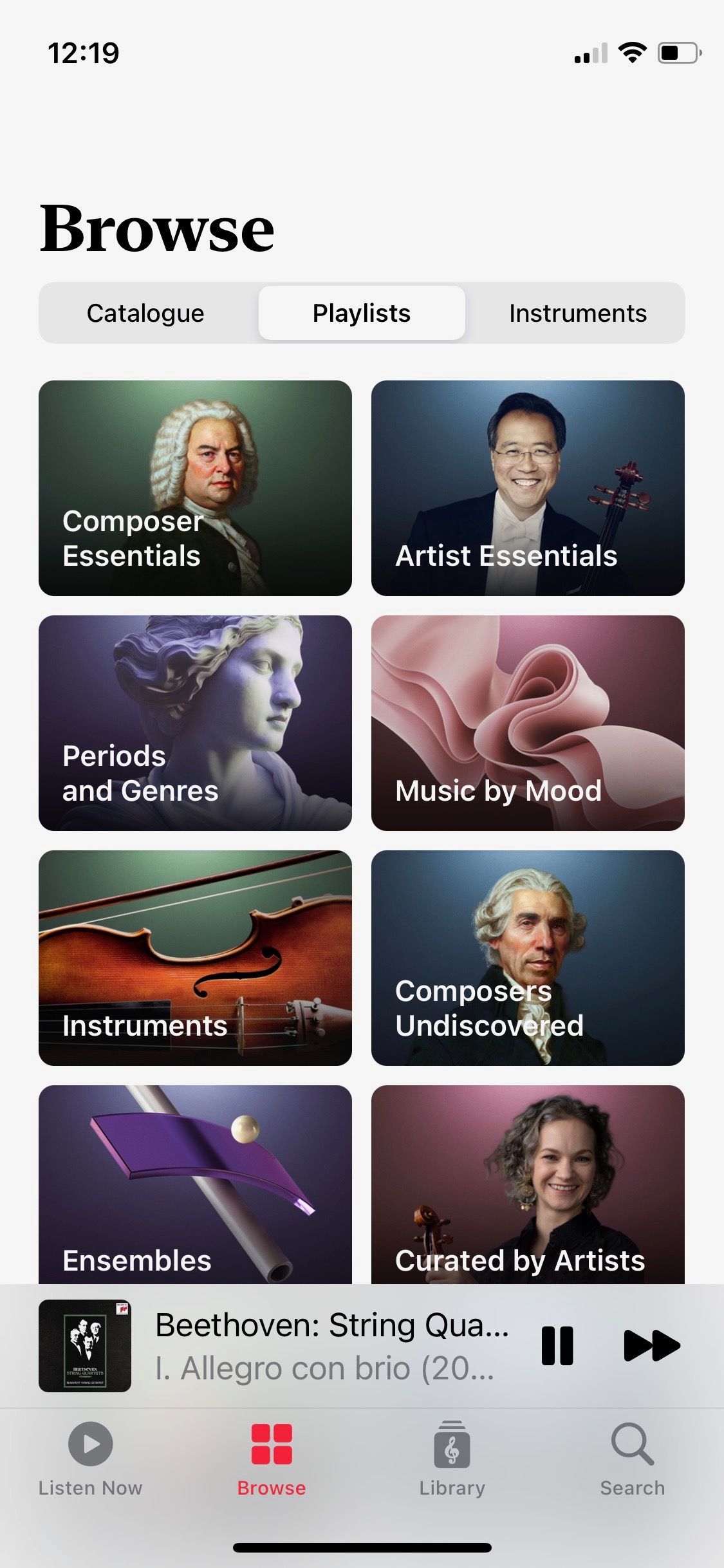 Screenshot of Apple Music Classical browse by playlists screen