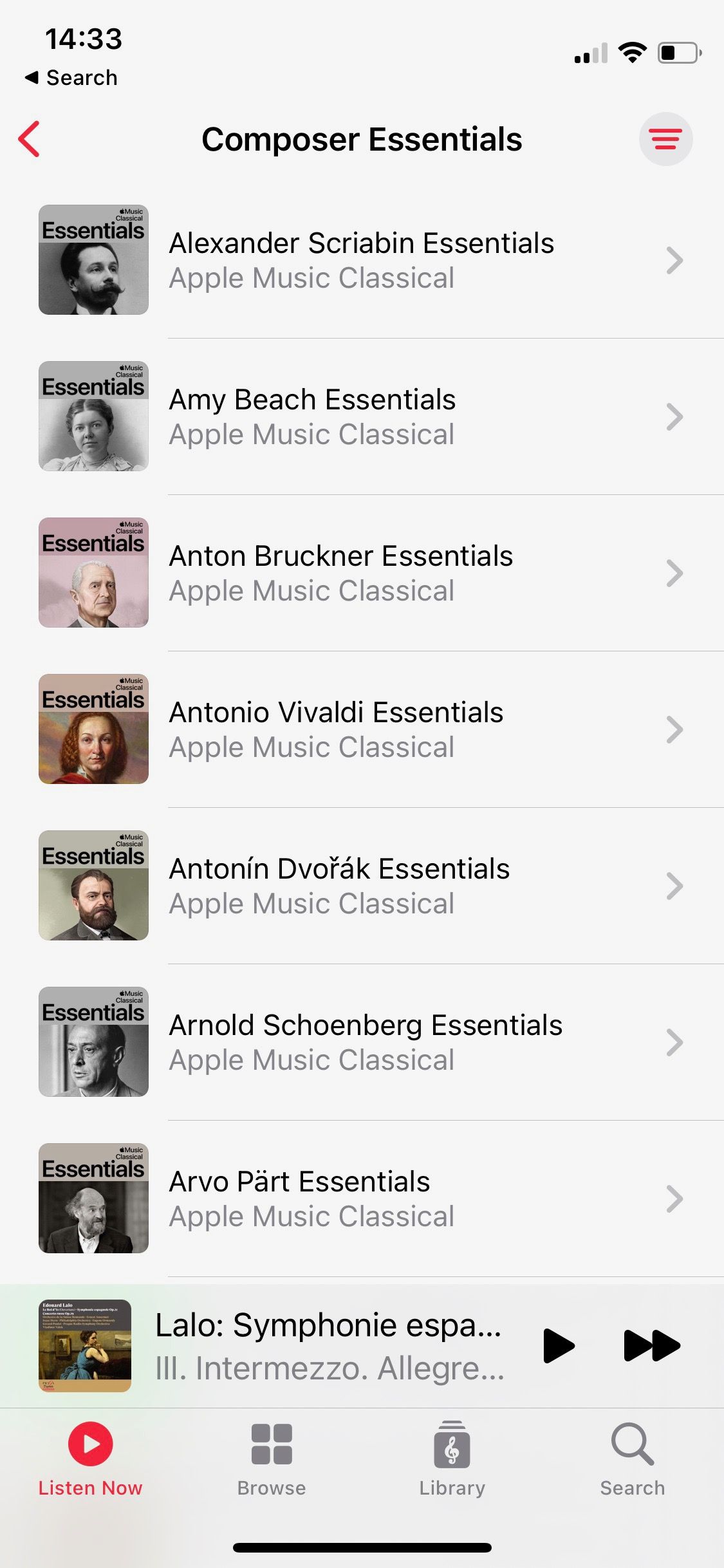 Screenshot of Apple Music Classical composer essential playlists
