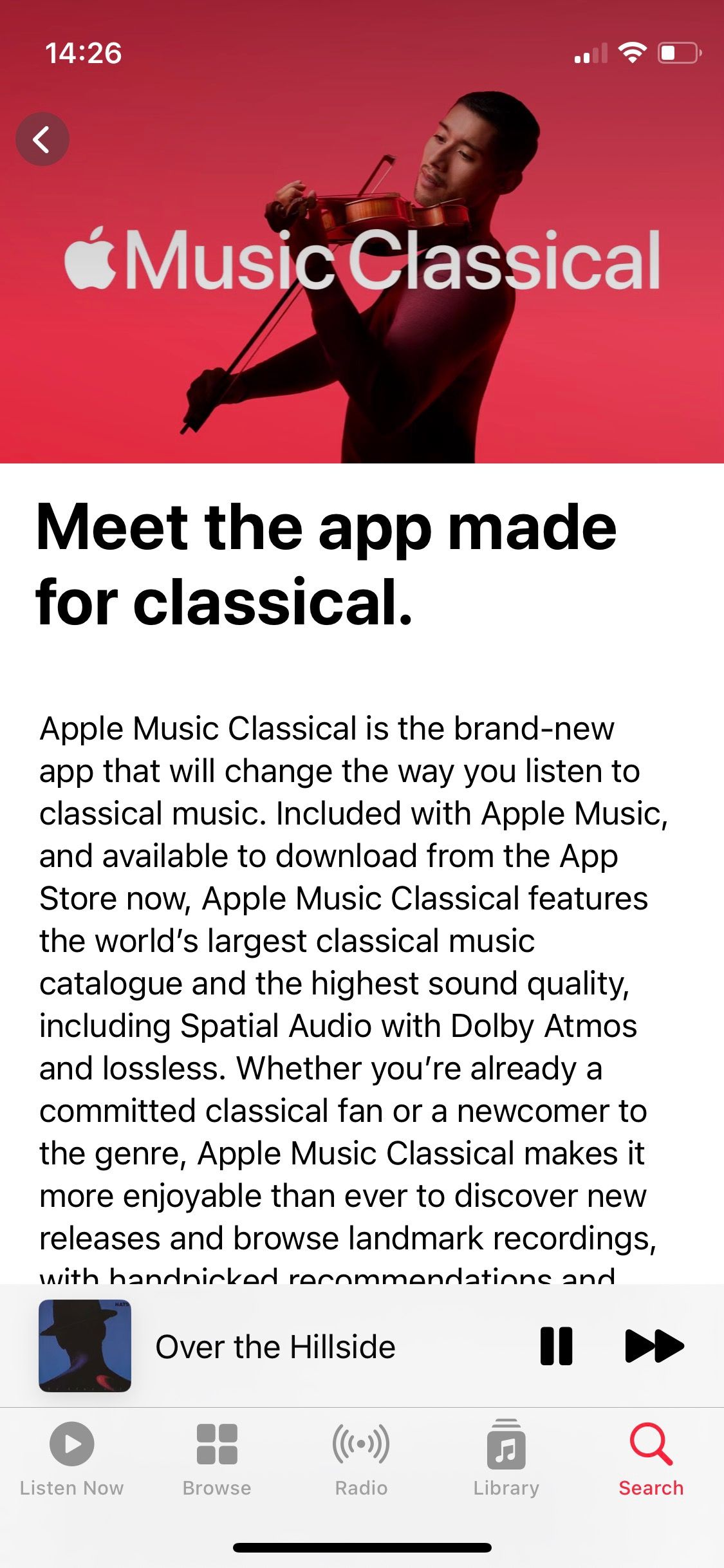 Screenshot of Apple Music introducing Apple Music Classical