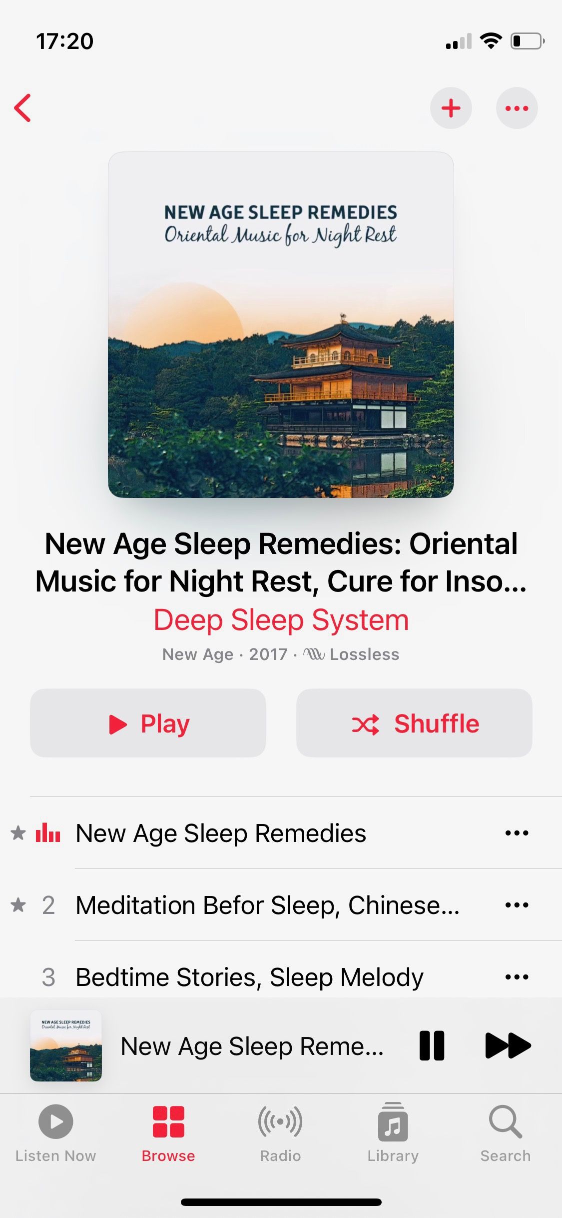 Screenshot of Apple Music New Age Sleep Remedies playlist