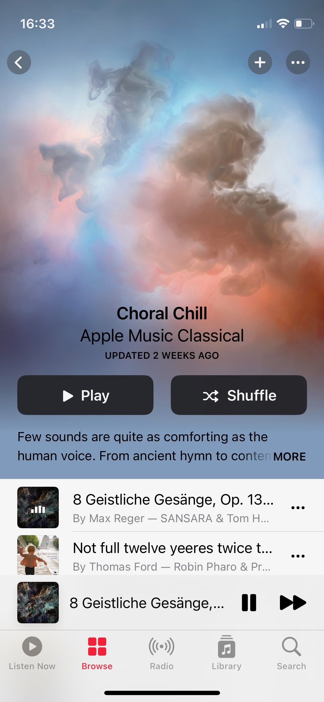 Screenshot of Apple Music Wellbeing Choral Chill playlist