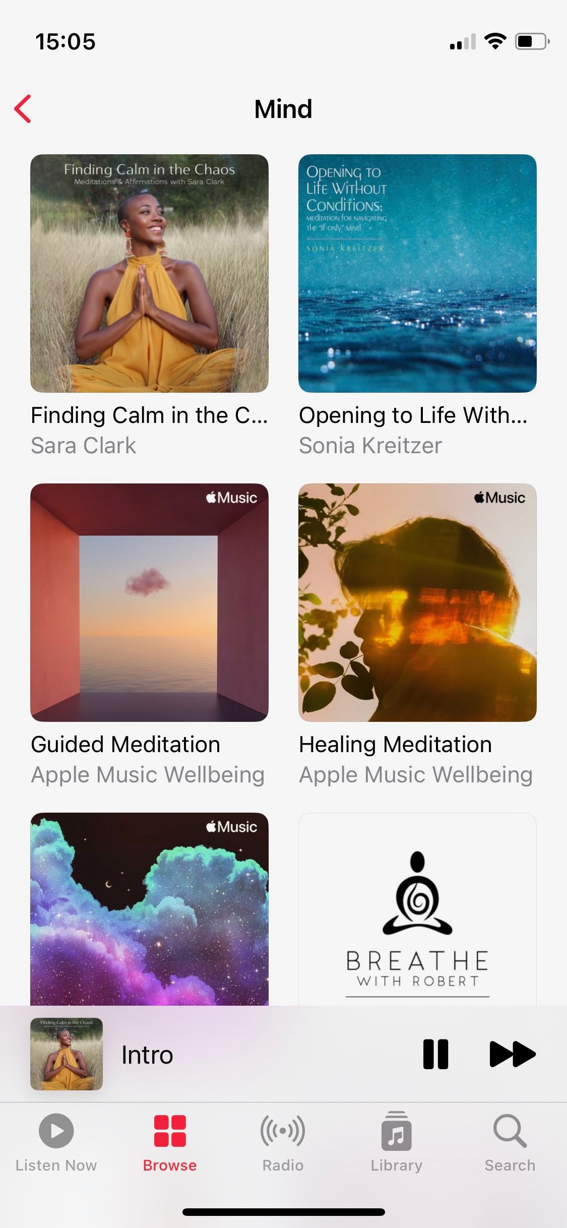 Screenshot of Apple Music Wellbeing Mind section