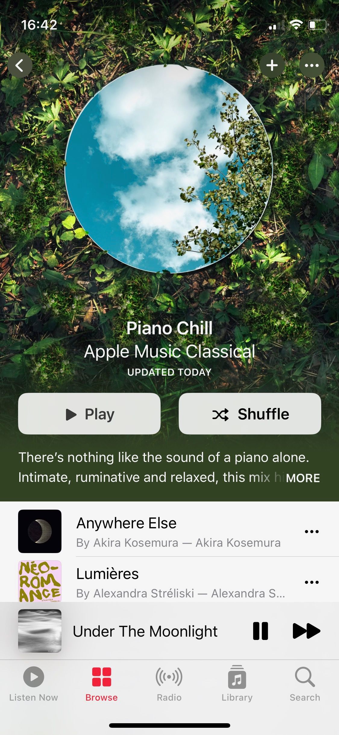 Screenshot of Apple Music Wellbeing Piano Chill playlist