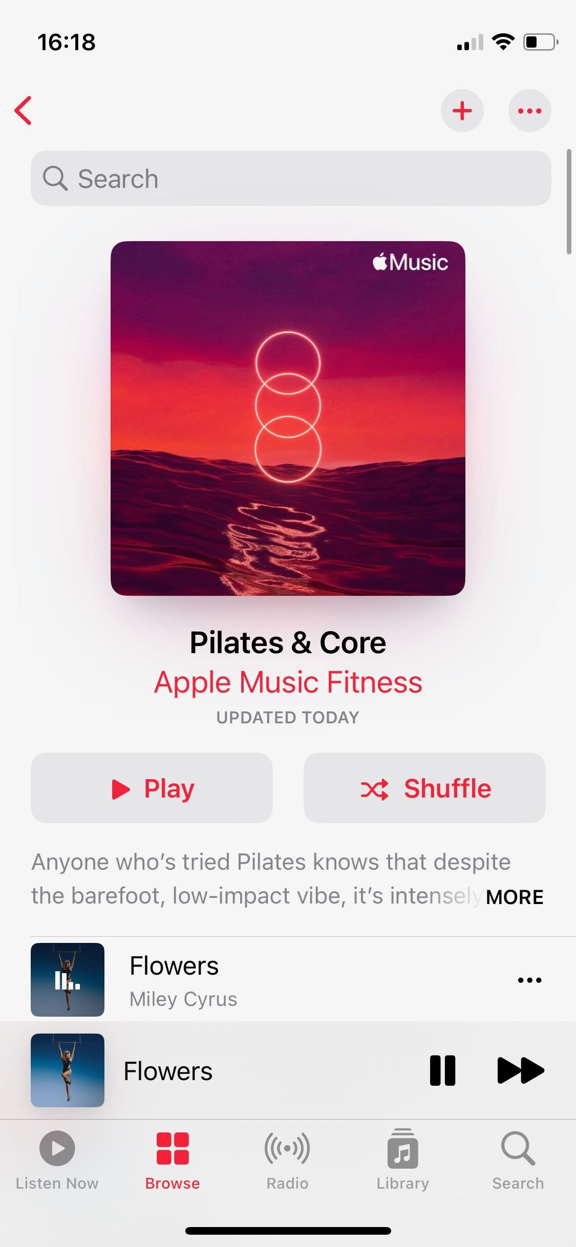 Screenshot of Apple Music Wellbeing Pilates and Core playlist