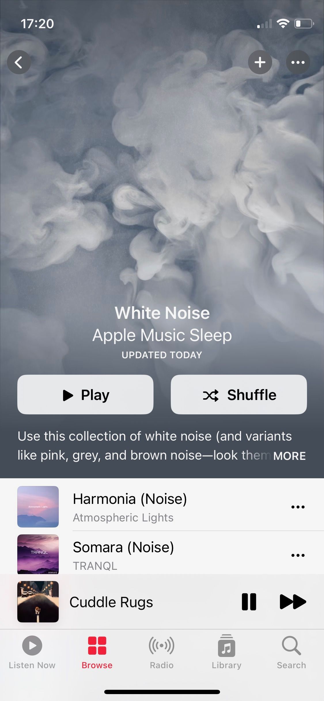 Screenshot of Apple Music White Noise playlist