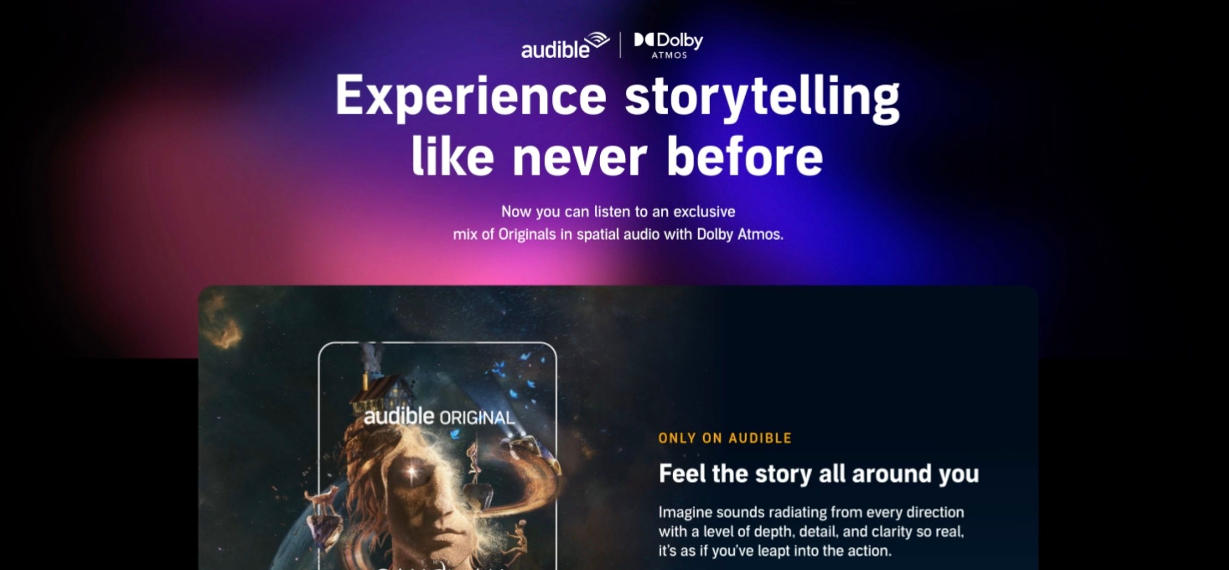 اسکرین شات وب سایت Audible که صفحه Dolby Atmos را نشان می دهد