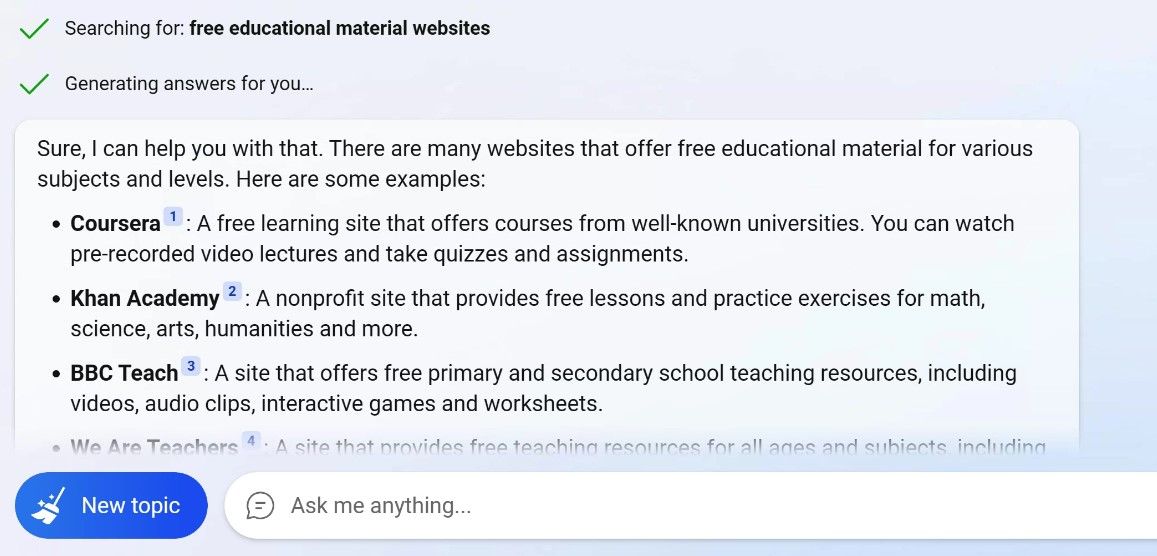 Capture d'écran de la réponse de Bing Chat à une requête sur l'éducation