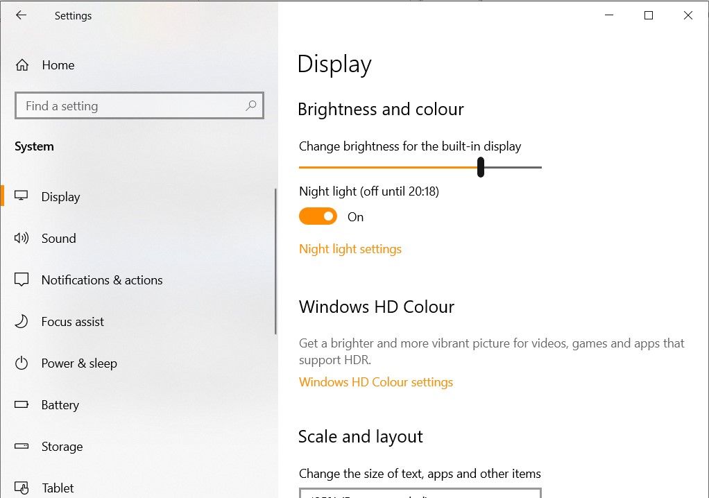 Screenshot of Brightness and Color Settings