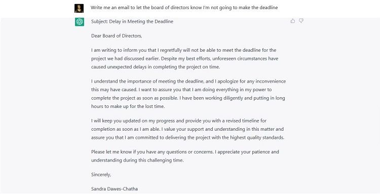 Screenshot of ChatGPT not going to make the deadline email