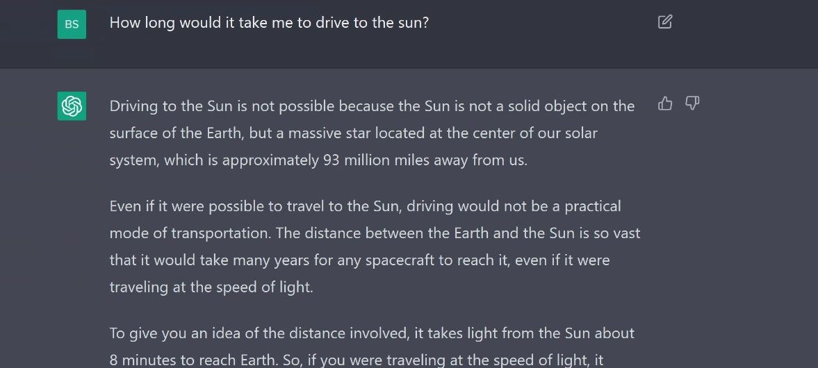 Tangkapan layar jawaban ChatGPT untuk pertanyaan mengemudi ke matahari