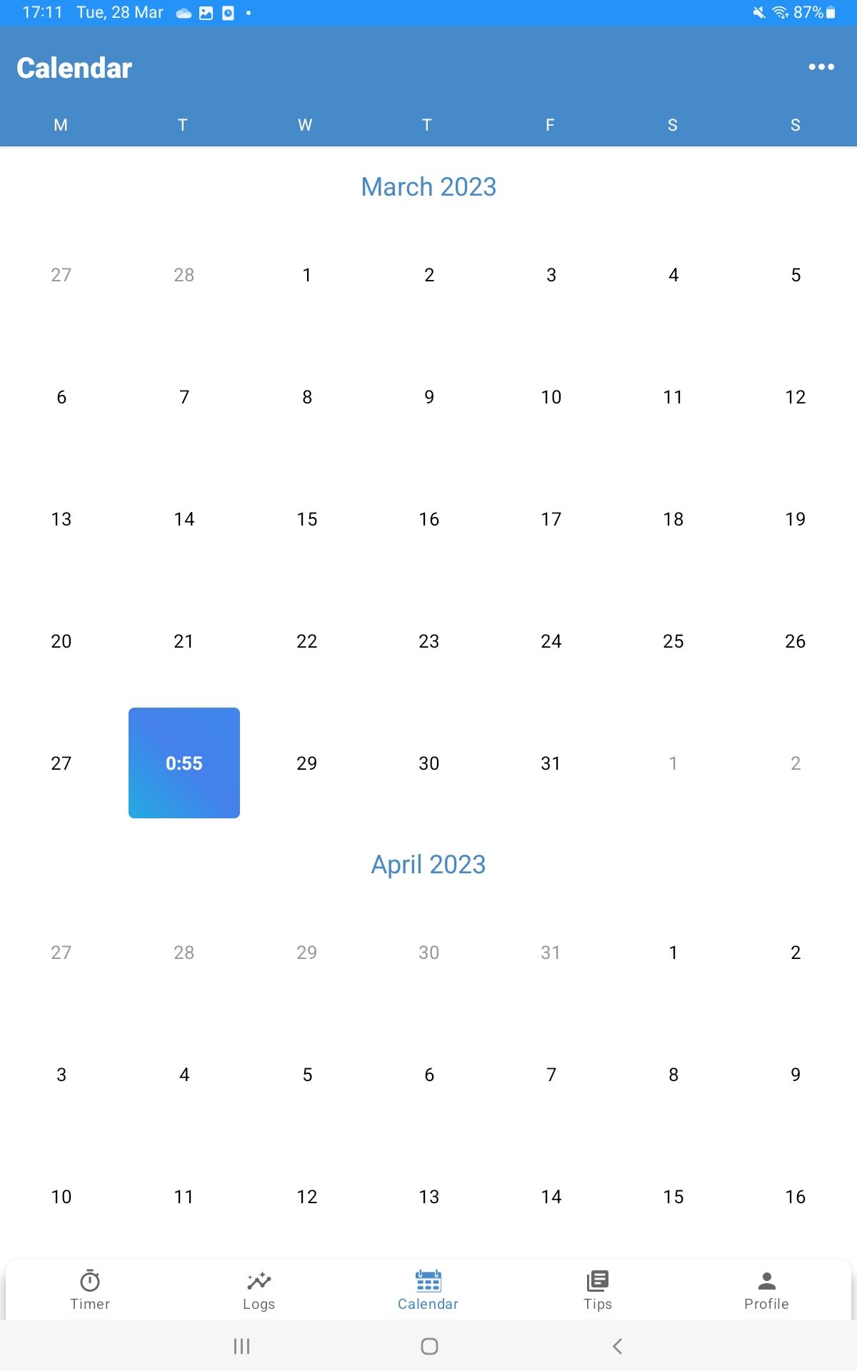 Cuplikan layar kalender aplikasi Cold Shower