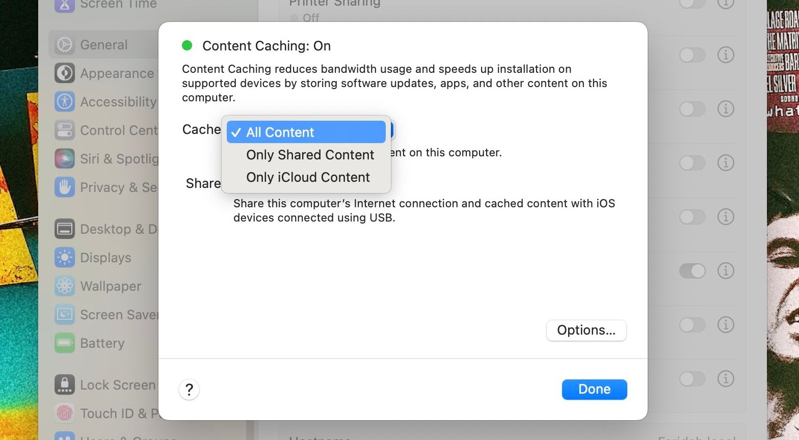 Screenshot of Content Caching popup menu