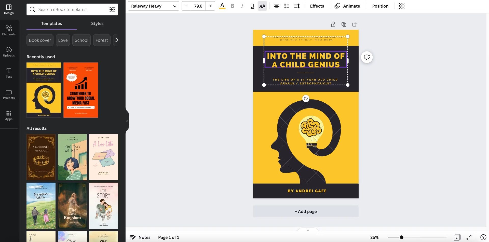 Screenshot of creating a book cover in Canva