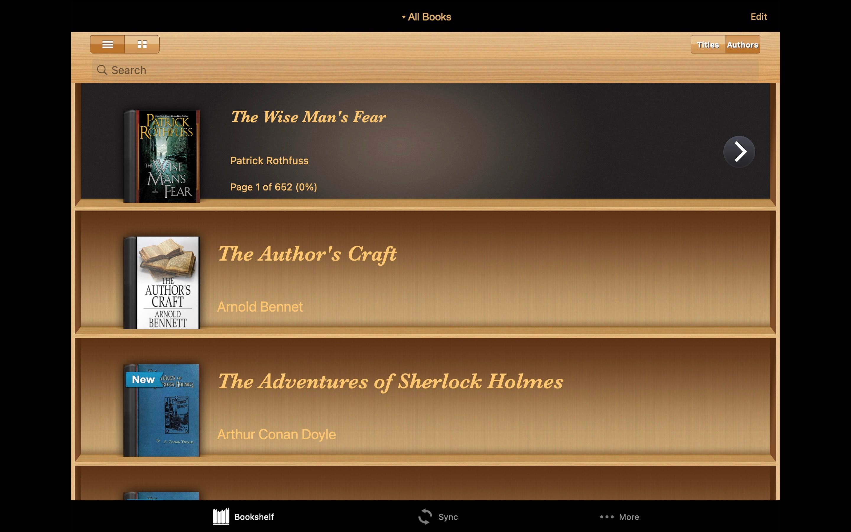 Screenshot of Ebook Reader's home bookshelf with three books on display