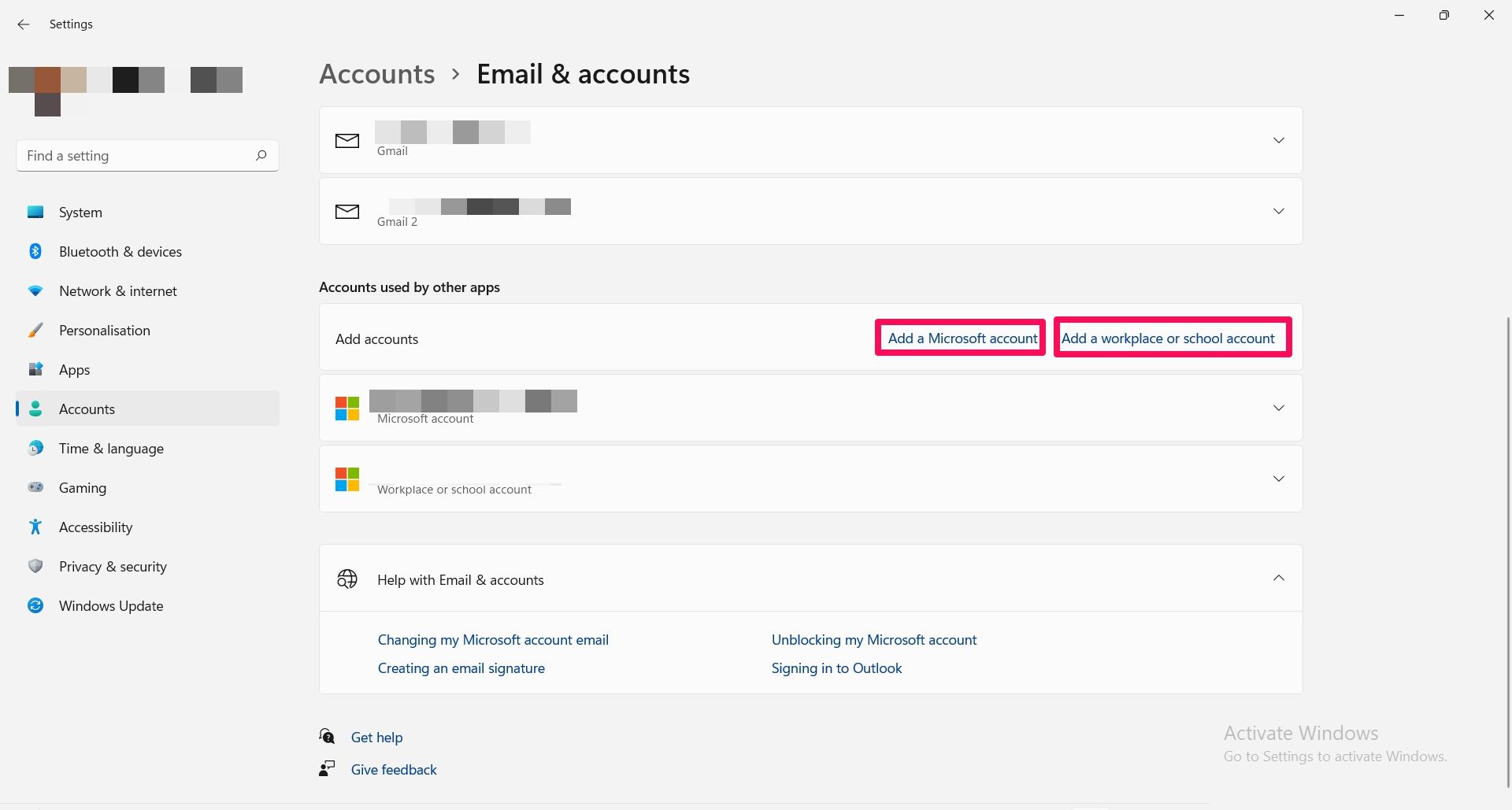 Screenshot of email & accounts settings page on windows 11 (2)