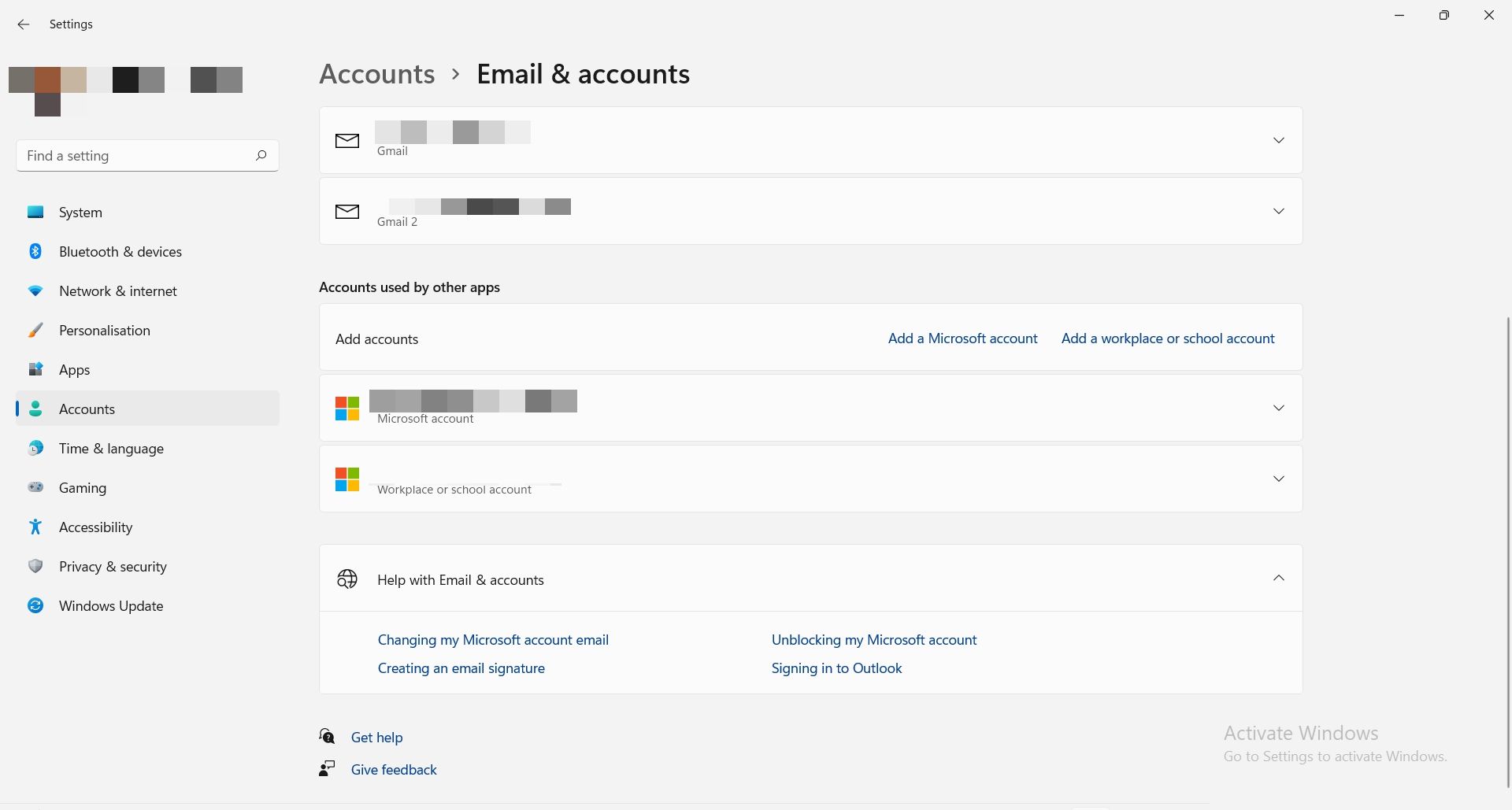 Screenshot of email & accounts settings page on windows 11