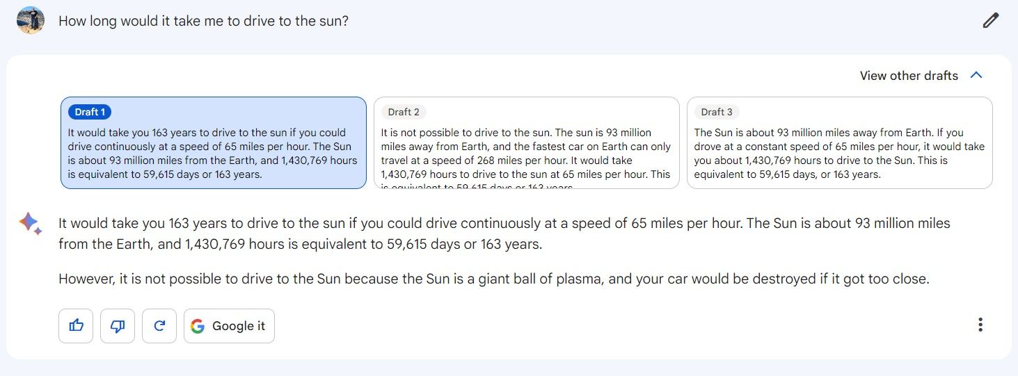 Tangkapan layar Google Bard menjawab berapa lama berkendara ke matahari