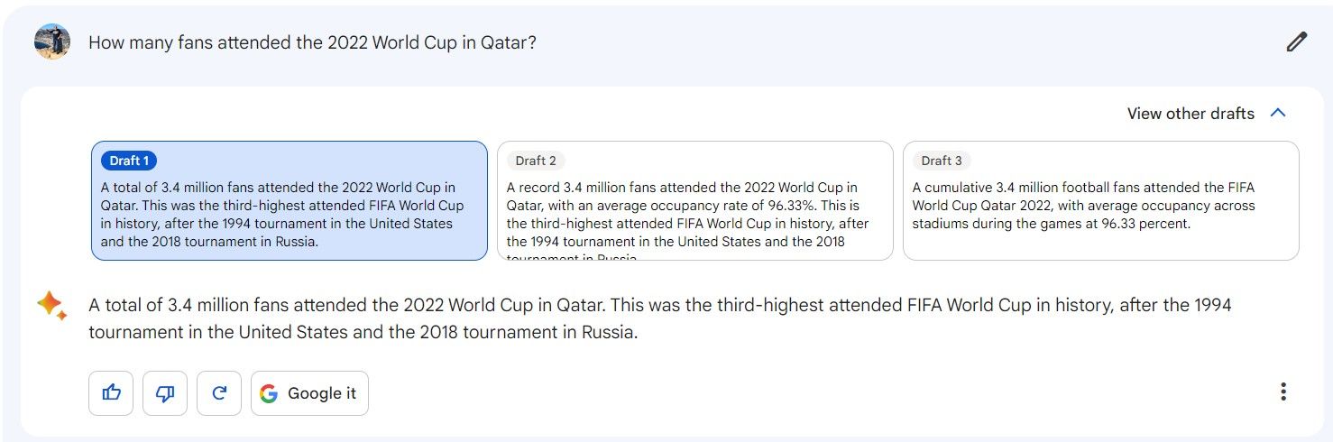Cuplikan layar Google Bard menjawab pertanyaan kehadiran piala dunia