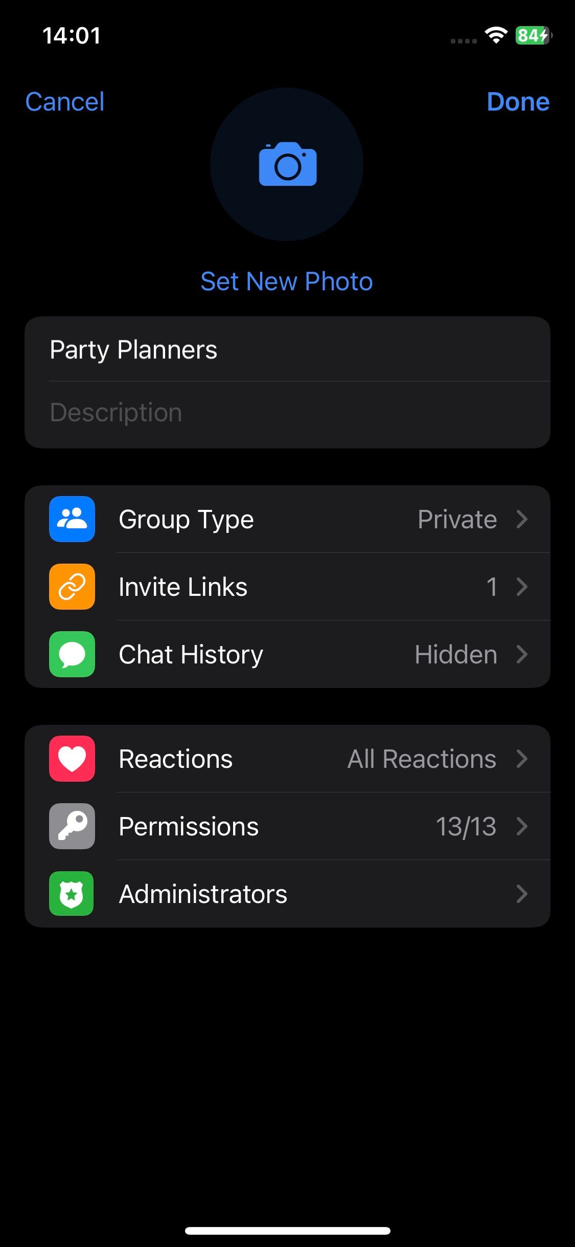 Screenshot of group settings in Telegram